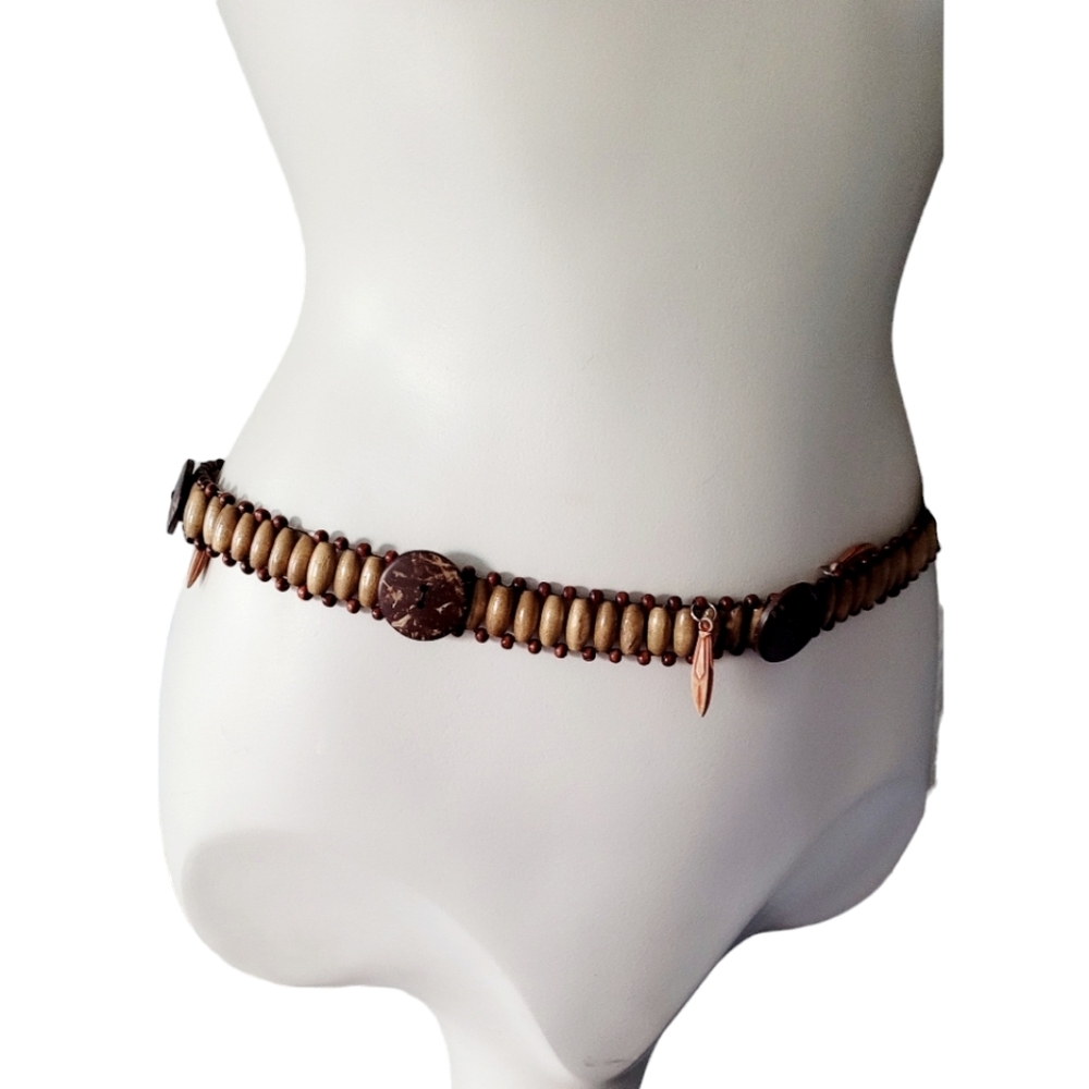 Hand Beaded Tie Belt with Wood Beads Vintage Hippie Boho Lagon Look